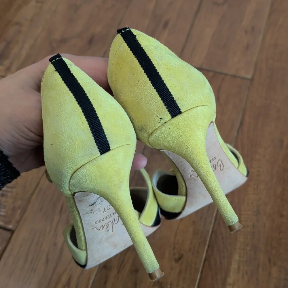 Boden Trisha Yellow and Black Polka Dot Cowhide Pointy Toe Strappy Heels - Picture 4 of 16